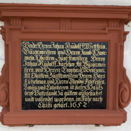 Schrifttafel an «Mueshus», Spalenvorstadt 14 in Basel